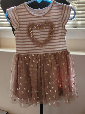 Little Lass 2 PC Girls Tan/White Striped Heart Tulle Dress with Gold Hearts 18M